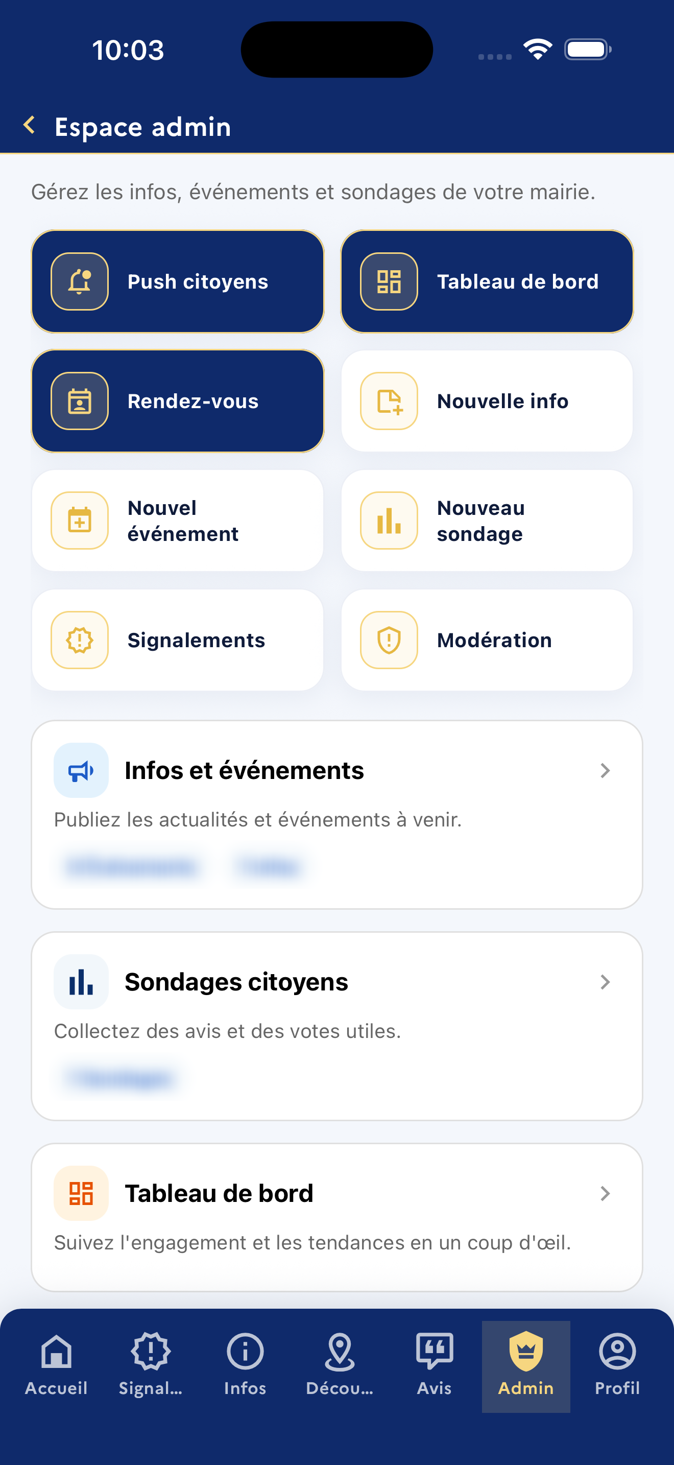 Écran « Espace admin » de l'application Citilia : accès aux notifications, au tableau de bord, aux rendez-vous, aux informations, aux événements, aux sondages, aux signalements et à la modération ; compteurs floutés.