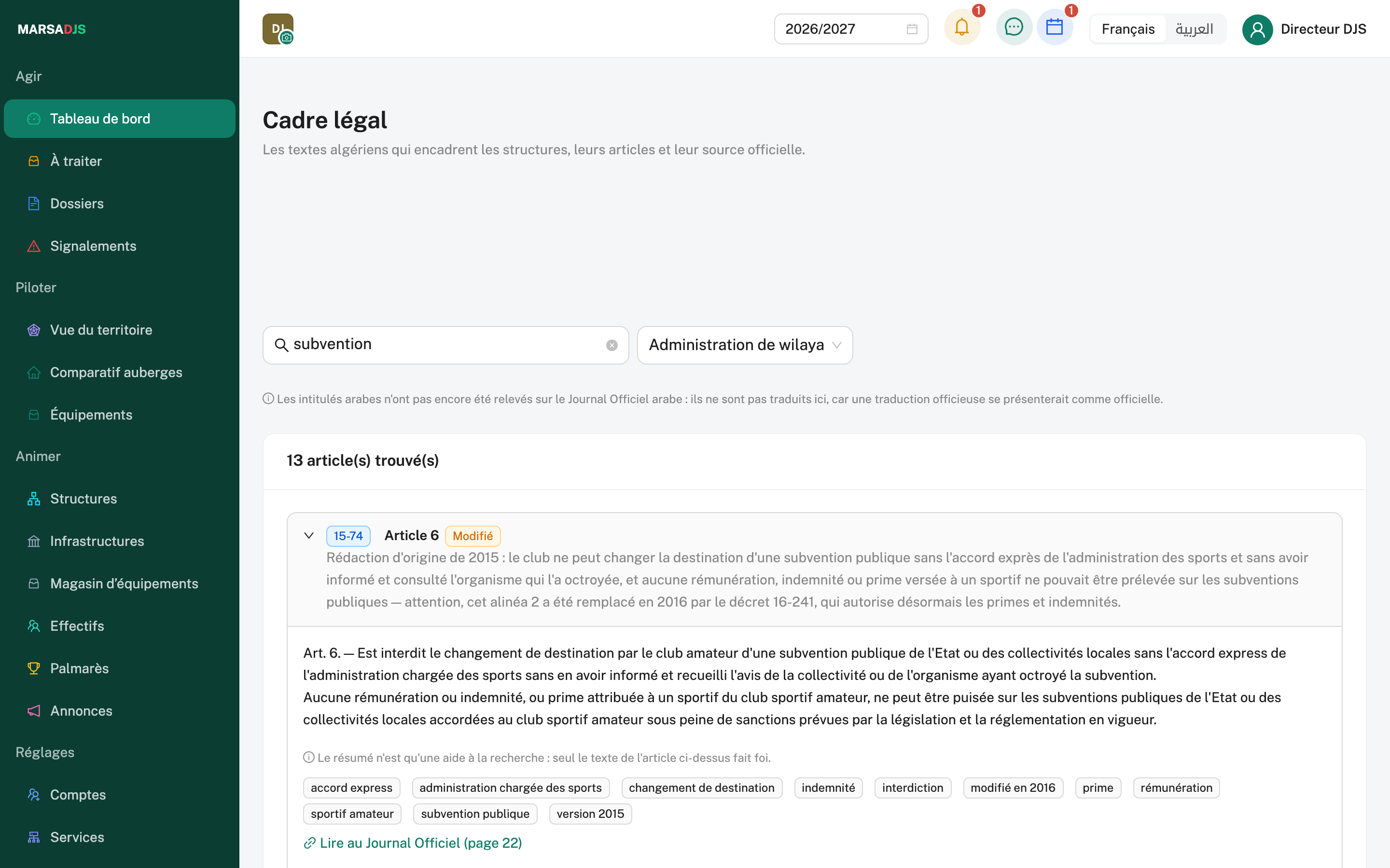 Cadre légal de la console MARSADJS, filtré sur l'administration de wilaya et sur la recherche « subvention » : un article cité avec son résumé d'aide à la recherche, ses mots-clés et un lien vers le Journal officiel à la page exacte.