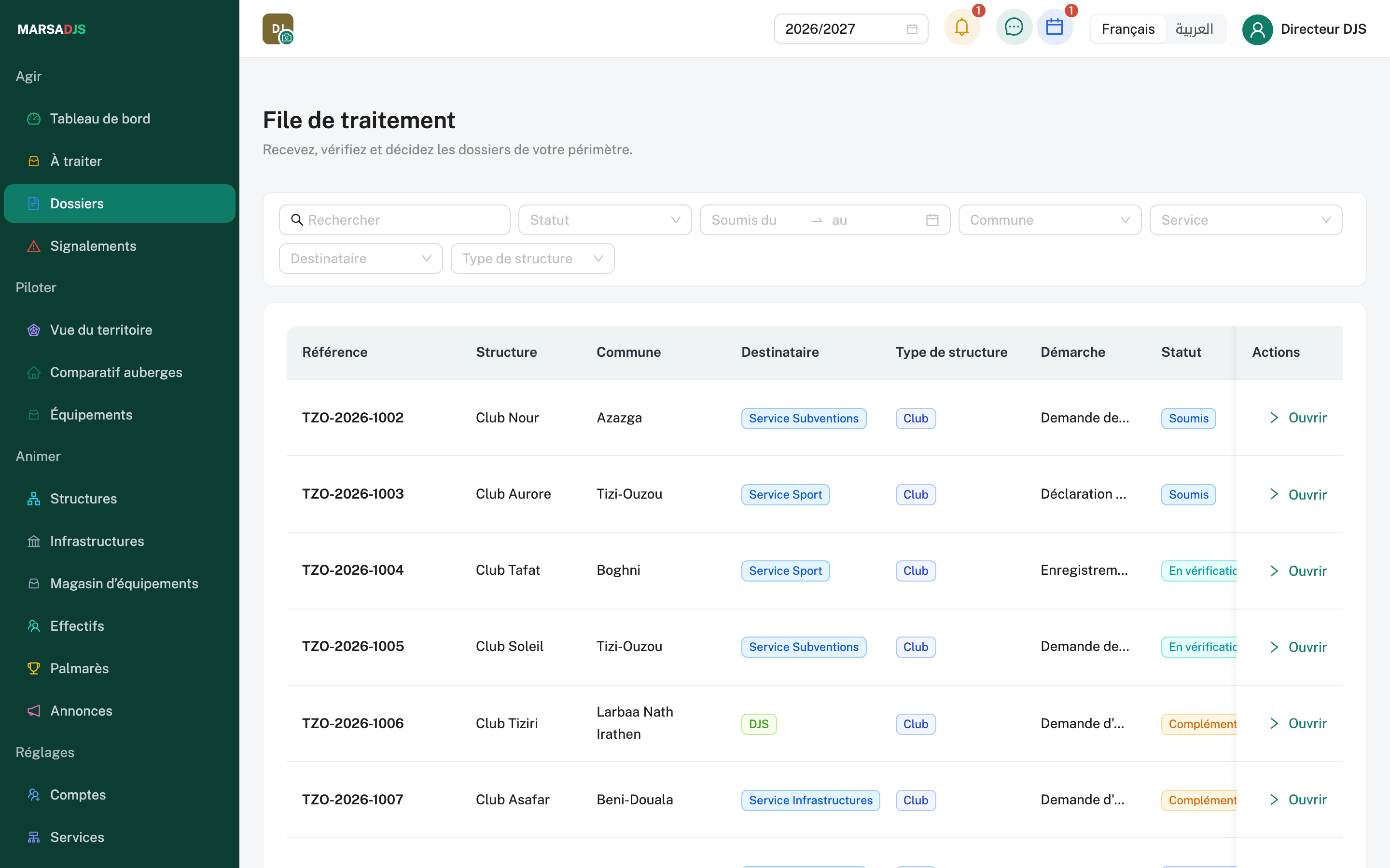 File de traitement des dossiers de la wilaya : filtres par statut, période, commune, service, destinataire et type de structure, puis tableau des dossiers avec la structure, la commune, le service destinataire, la démarche et le statut ; données de démonstration.