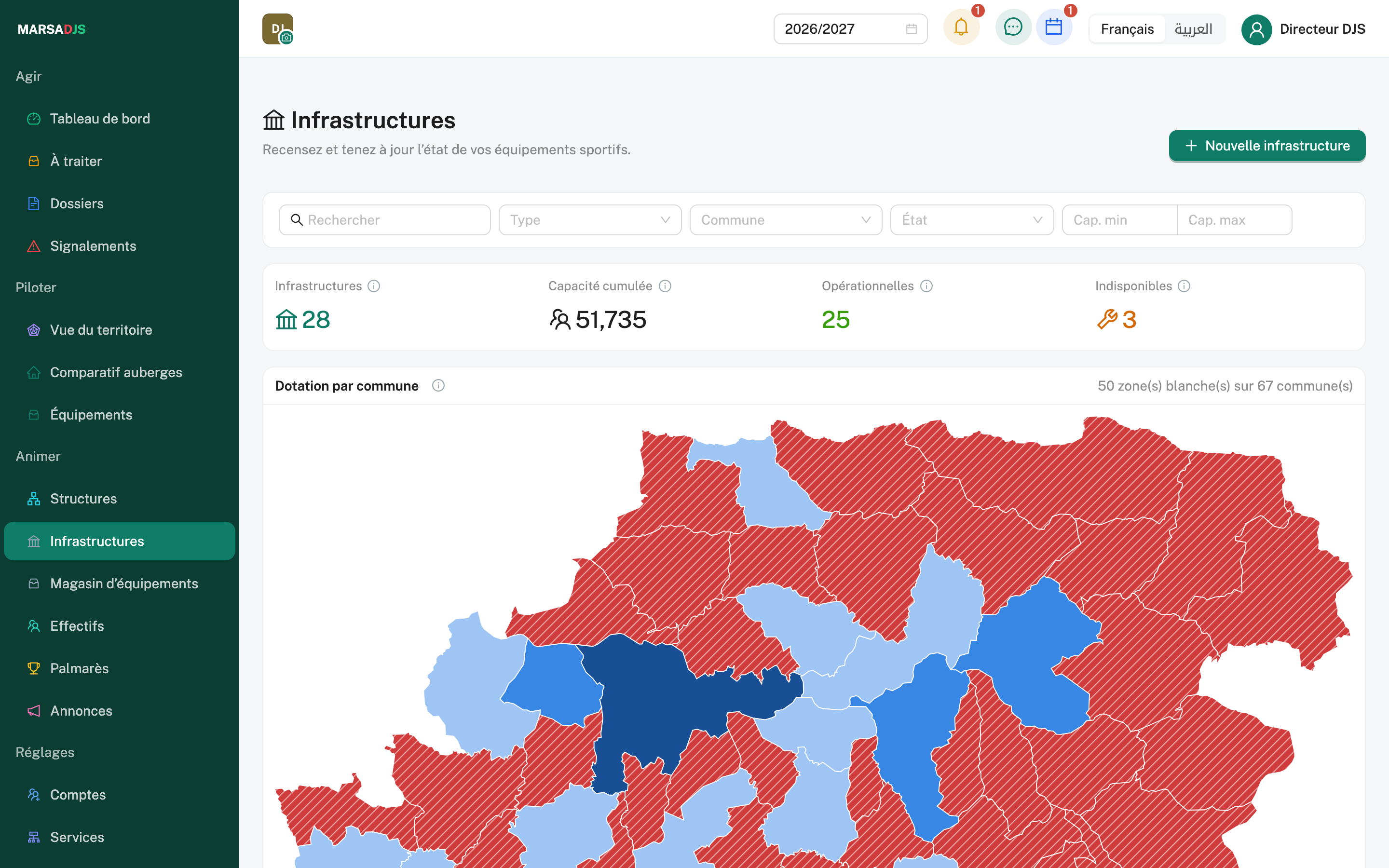 Registre des infrastructures de la wilaya : indicateurs (infrastructures, capacité cumulée, opérationnelles, indisponibles) et carte « Dotation par commune » qui fait ressortir les zones blanches ; données de démonstration.