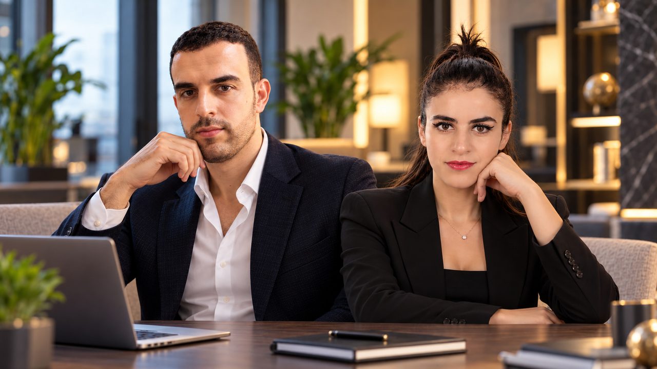 Les deux fondateurs côte à côte à une table de travail, lui à gauche, elle à droite