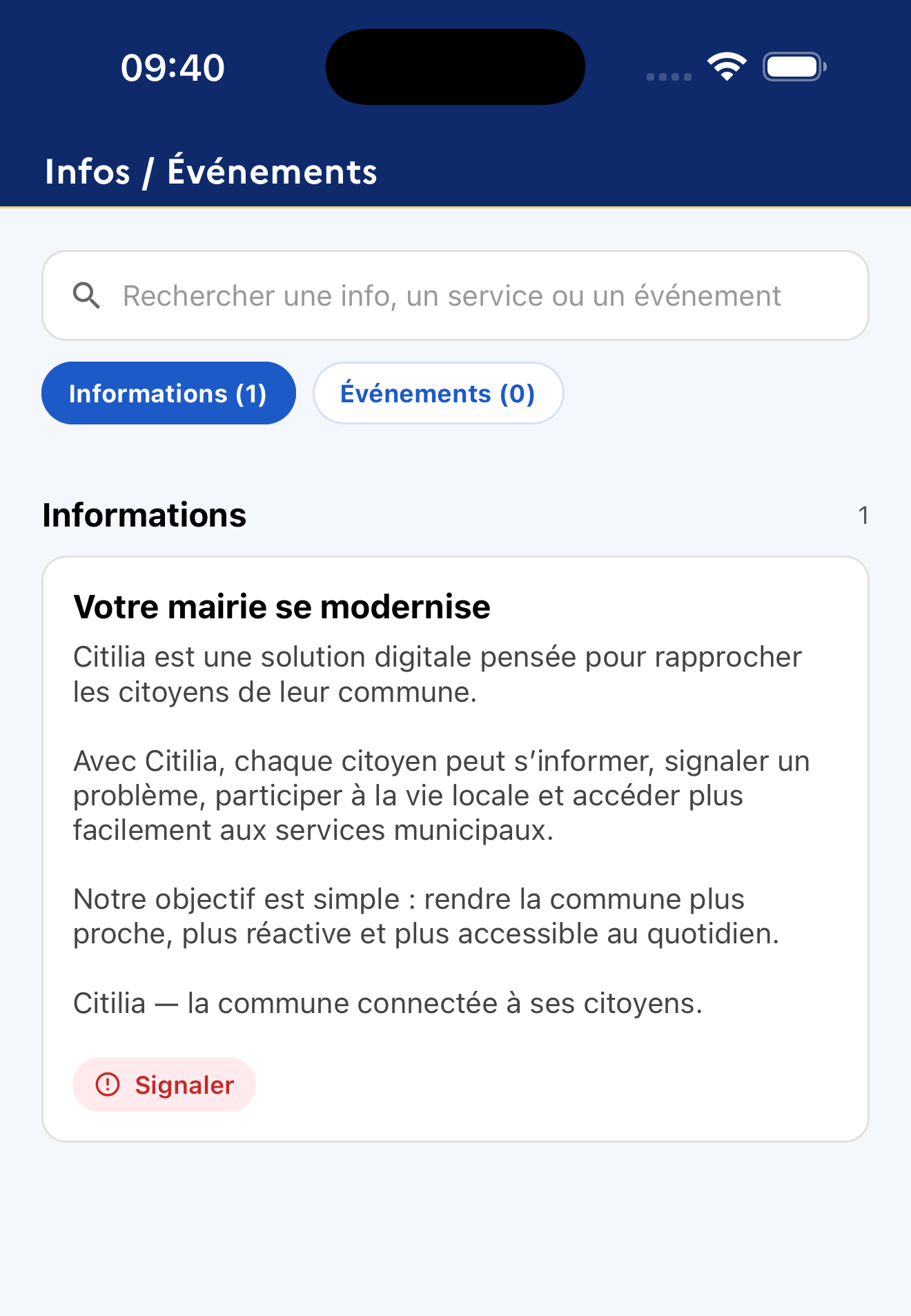 Écran « Infos / Événements » de Citilia : une information publiée par la commune, avec la possibilité de la signaler.
