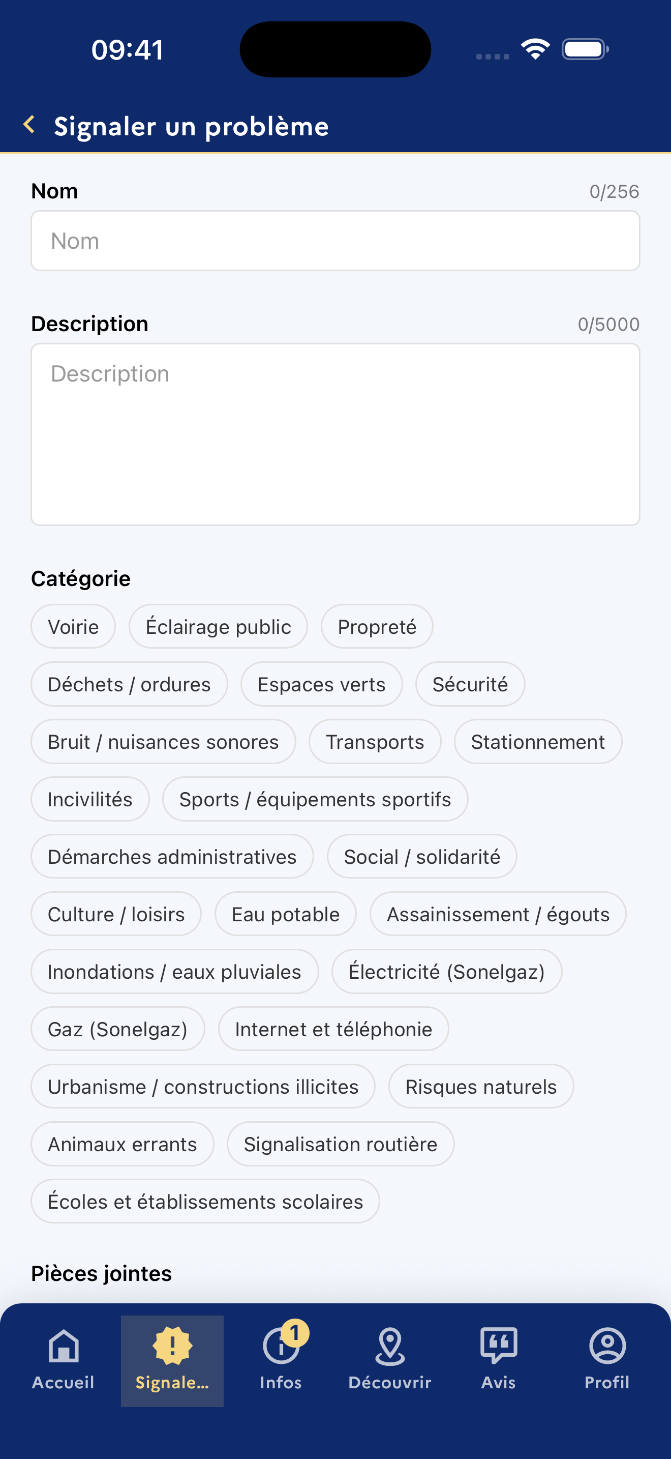 Écran « Signaler un problème » de Citilia : champs nom et description, puis choix d'une catégorie dans une liste (voirie, éclairage public, propreté…).
